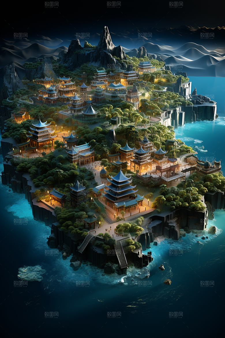 国潮光效建筑中国风微距模型