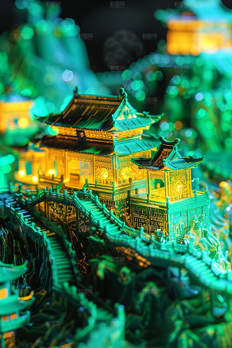 国潮光效建筑3D幻想风模型