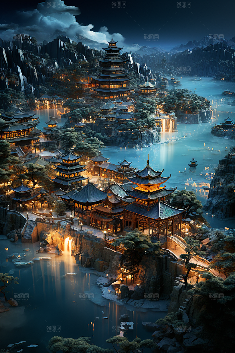 国潮光效建筑传统中国风模型