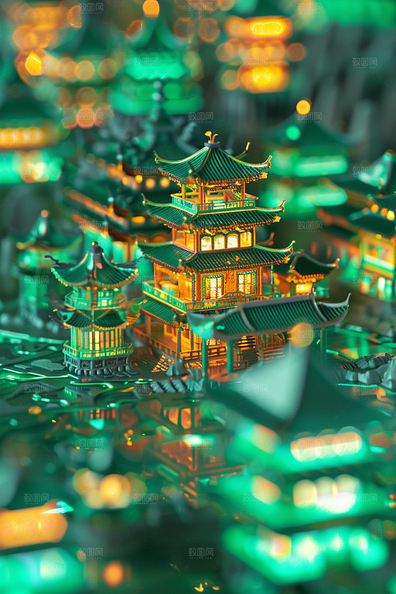 国潮光效建筑3D传统模型