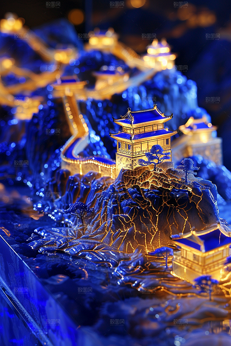 国潮光效建筑梦幻微距模型
