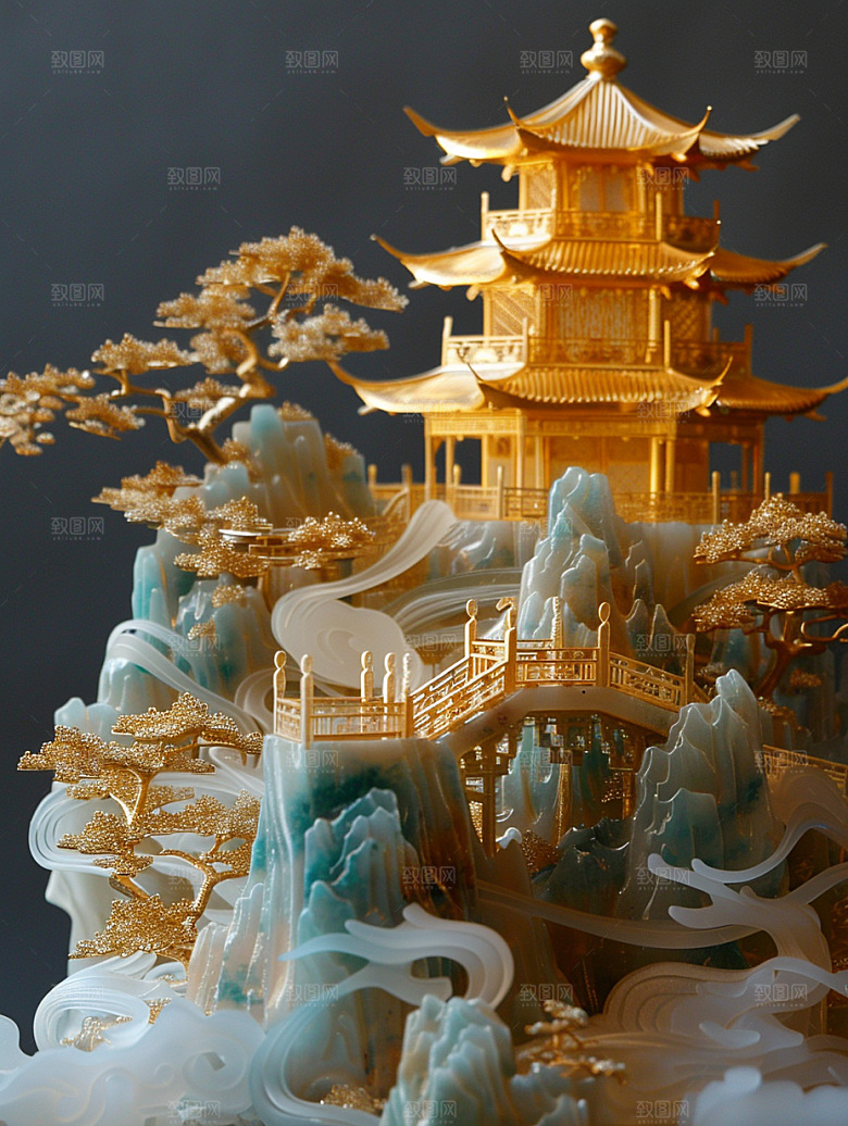 国潮光效建筑幻想风山水模型