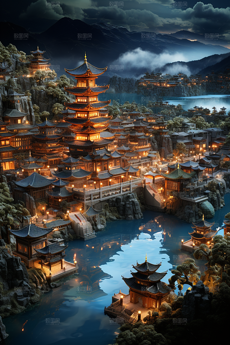 国潮光效建筑山水赛博朋克模型