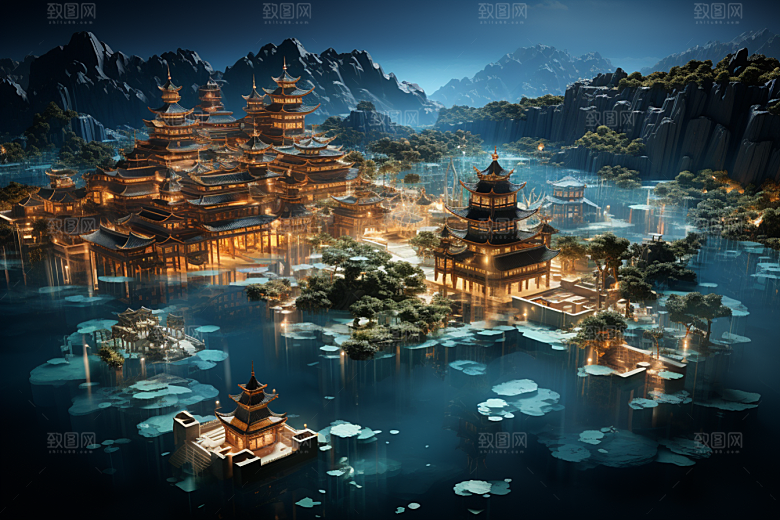 国潮光效建筑赛博朋克梦幻模型