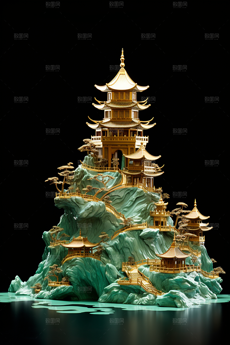 国潮光效建筑超现实山水模型