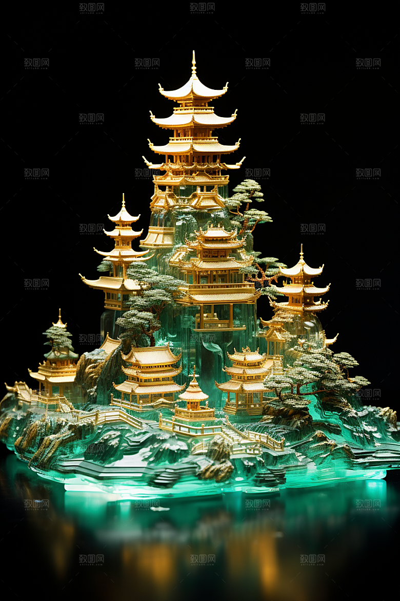 国潮光效建筑梦幻潮流模型