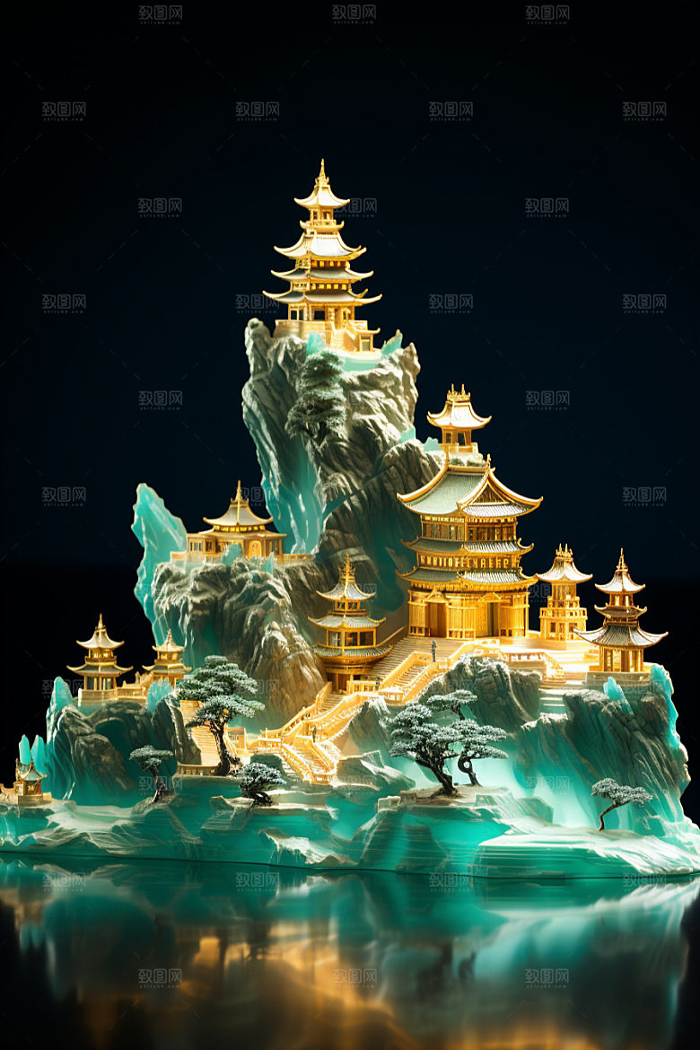 国潮光效建筑幻想风超现实模型