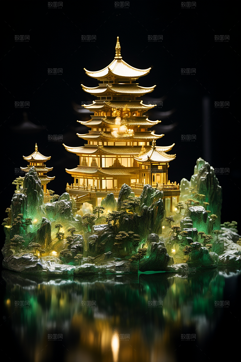 国潮光效建筑潮流山水模型