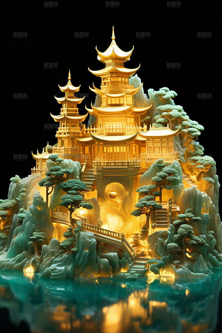 国潮光效建筑梦幻立体模型