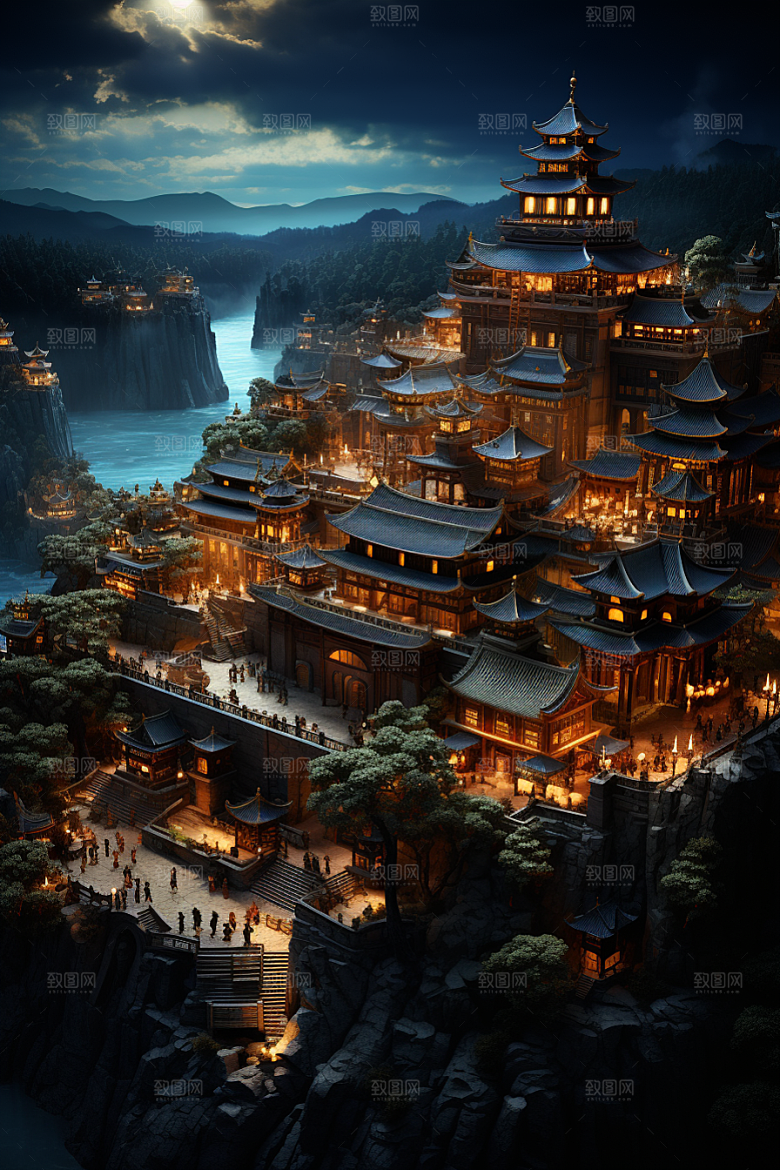 国潮光效建筑幻想风梦幻模型