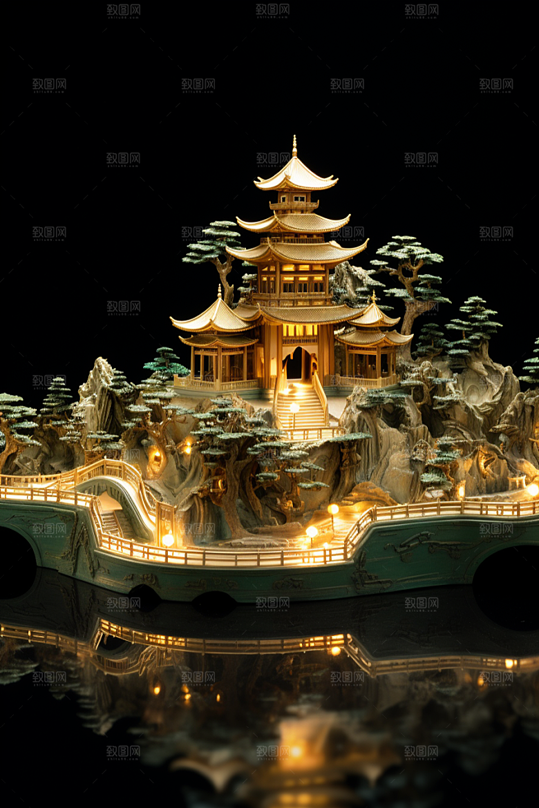 国潮光效建筑3D中国风模型
