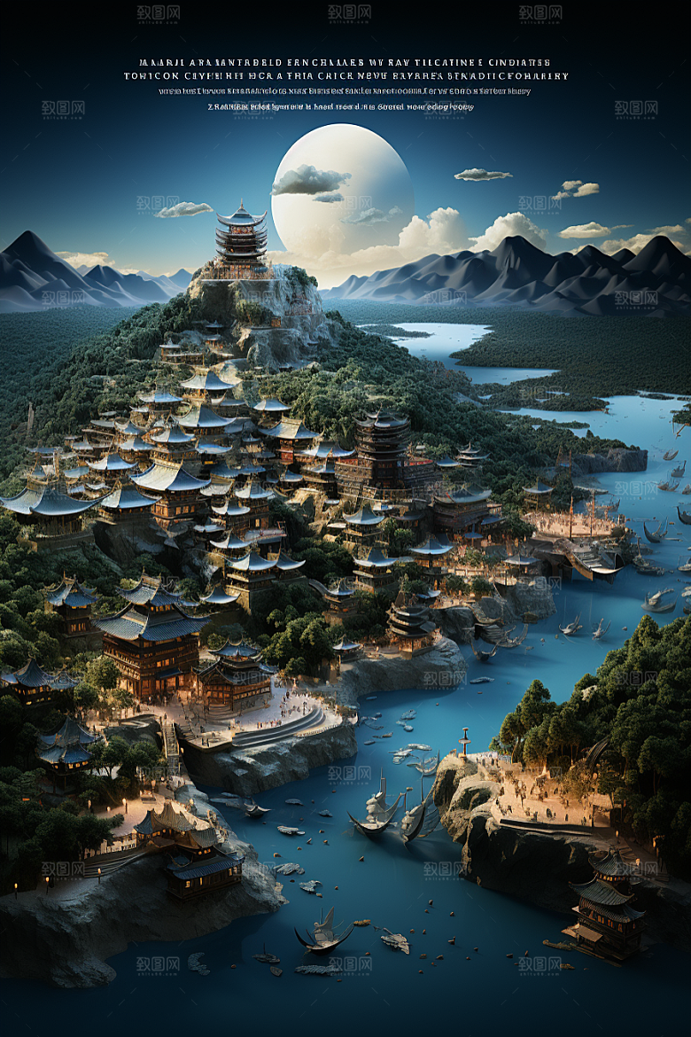 国潮光效建筑潮流幻想风模型