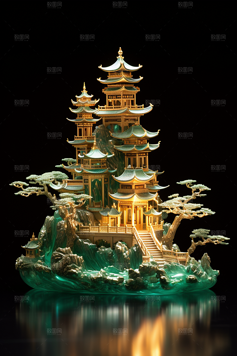 国潮光效建筑梦幻山水模型