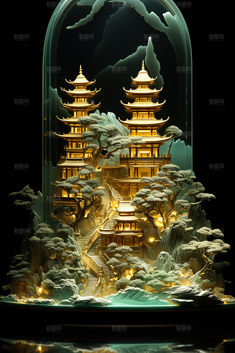 国潮光效建筑潮流立体模型