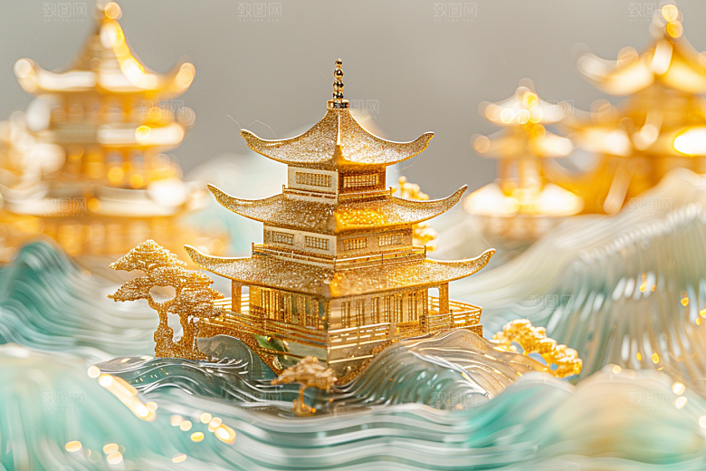 国潮光效建筑超现实梦幻模型