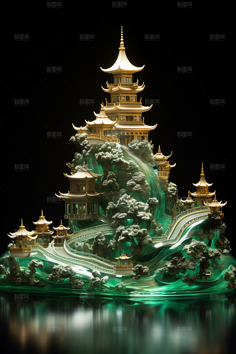 国潮光效建筑山水潮流模型