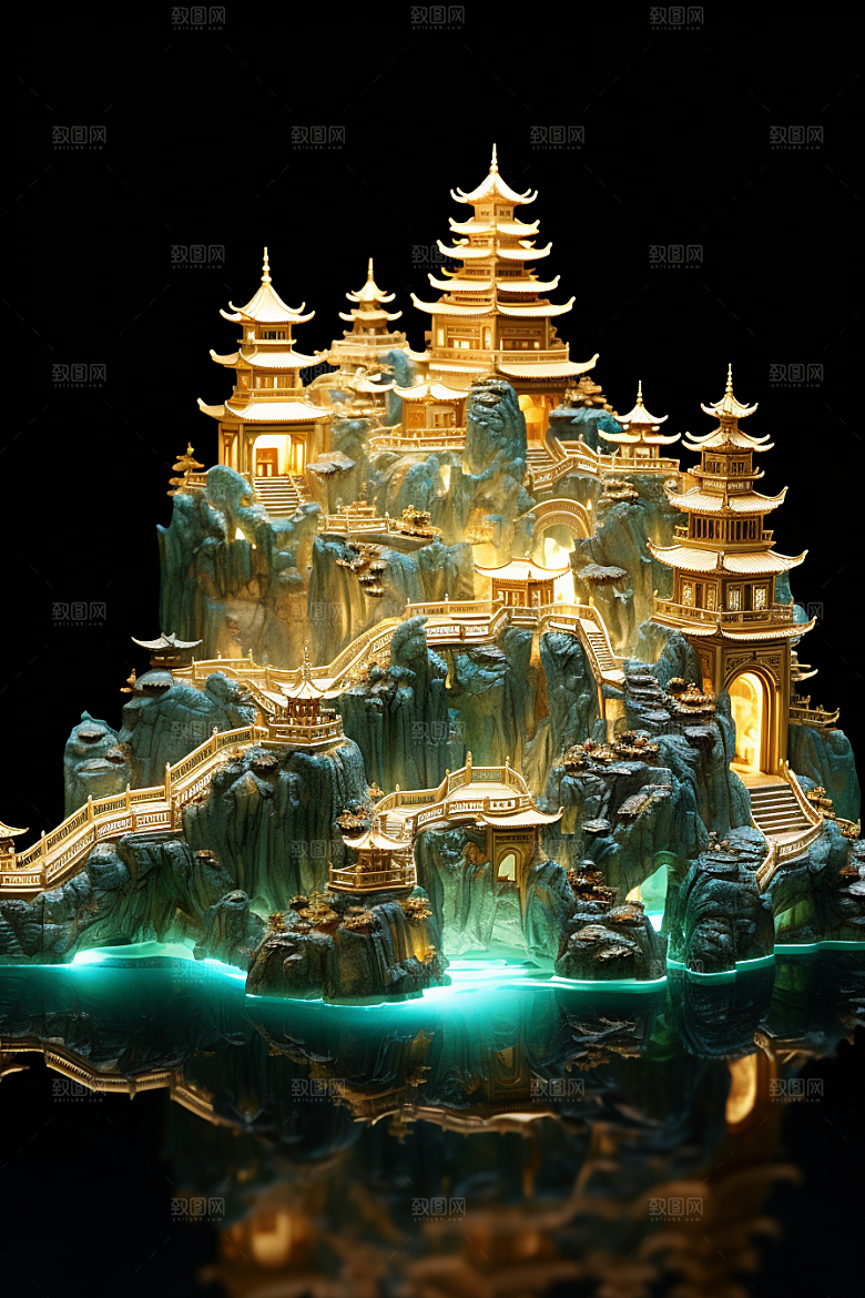 国潮光效建筑幻想风赛博朋克模型
