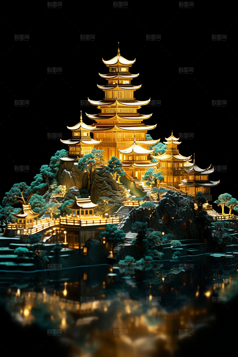 国潮光效建筑立体时尚模型