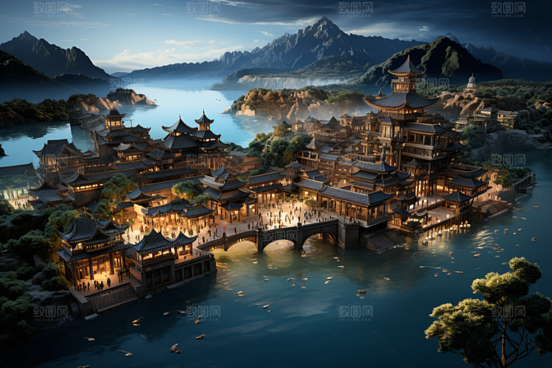 国潮光效建筑梦幻潮流模型