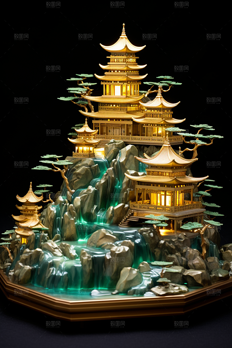 国潮光效建筑中国风梦幻模型