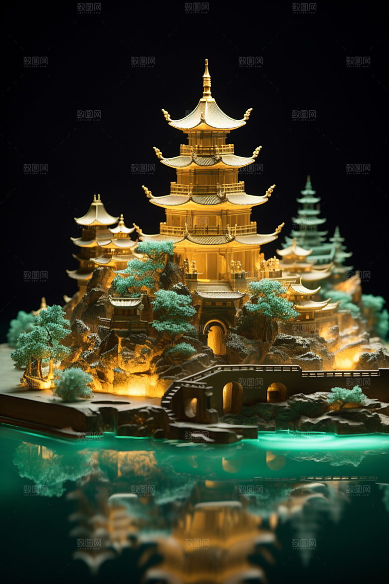国潮光效建筑赛博朋克立体模型