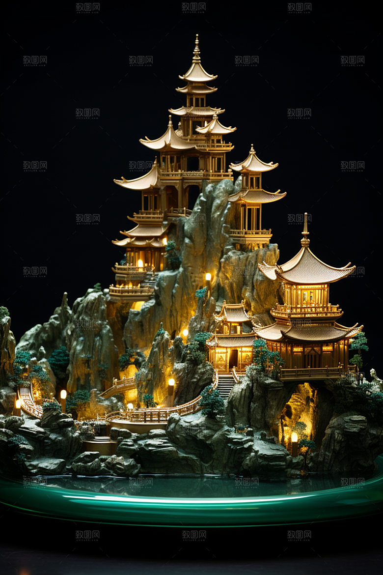 国潮光效建筑3D潮流模型