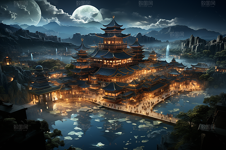 国潮光效建筑传统3D模型