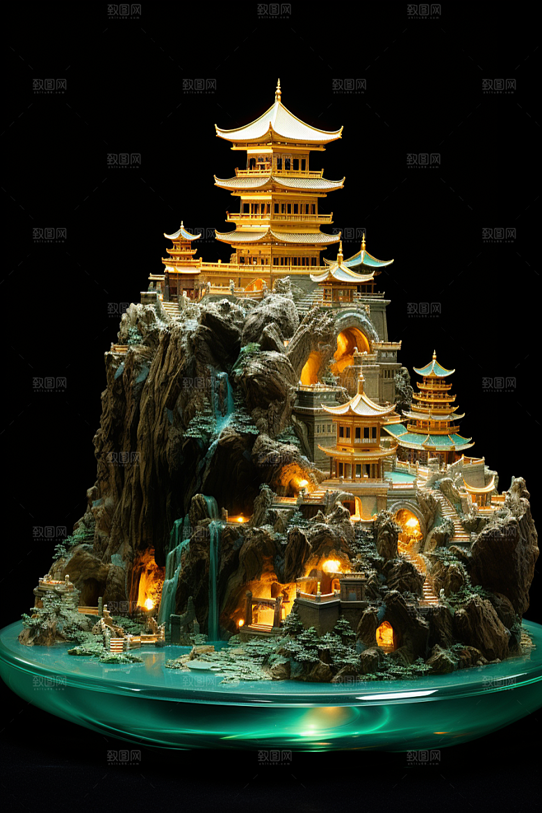 国潮光效建筑梦幻3D模型