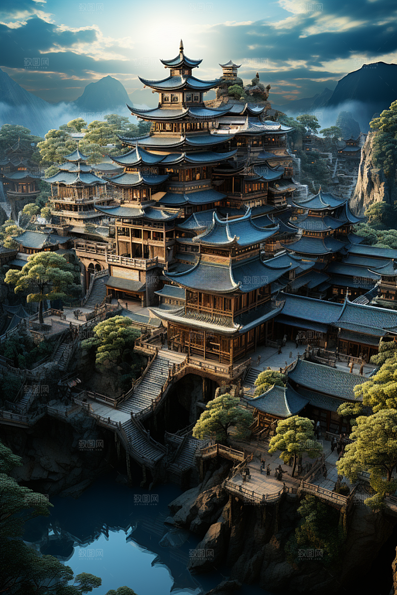 国潮光效建筑质感梦幻模型