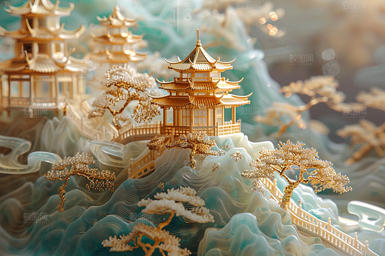 国潮光效建筑3D质感模型