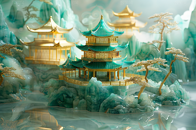 国潮光效建筑传统立体模型