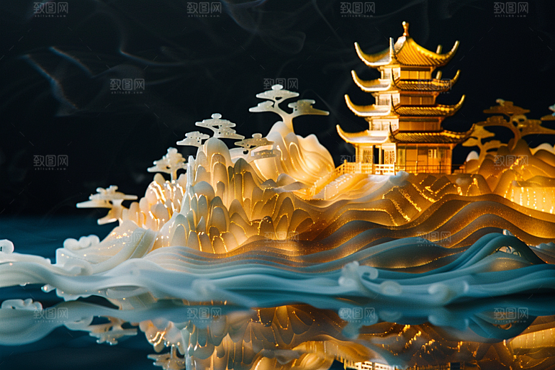 国潮光效建筑中国风幻想风模型