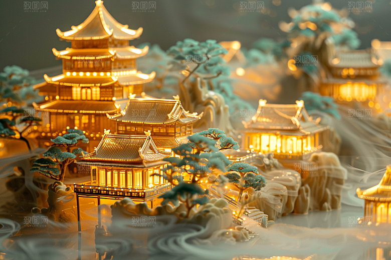 国潮光效建筑时尚超现实模型