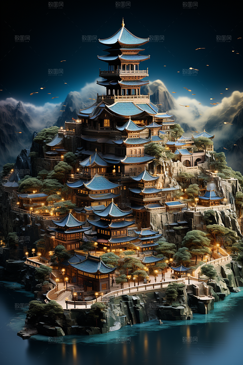 国潮光效建筑潮流赛博朋克模型