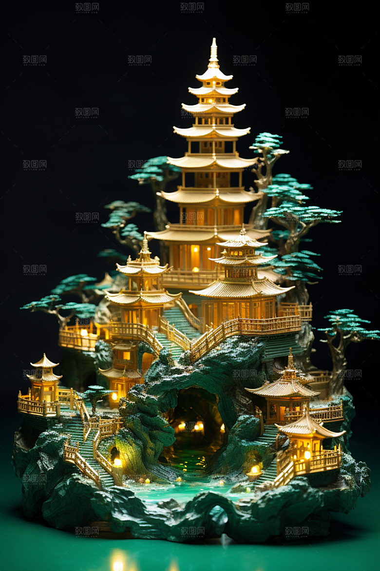 国潮光效建筑立体潮流模型