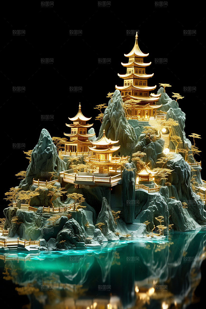 国潮光效建筑潮流立体模型