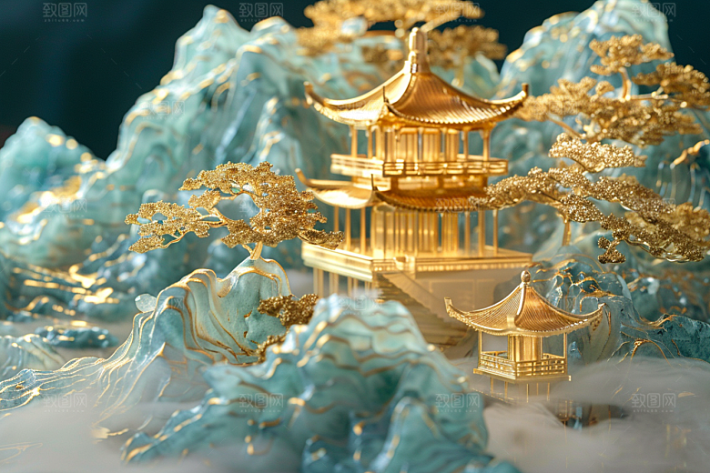 国潮光效建筑梦幻传统模型