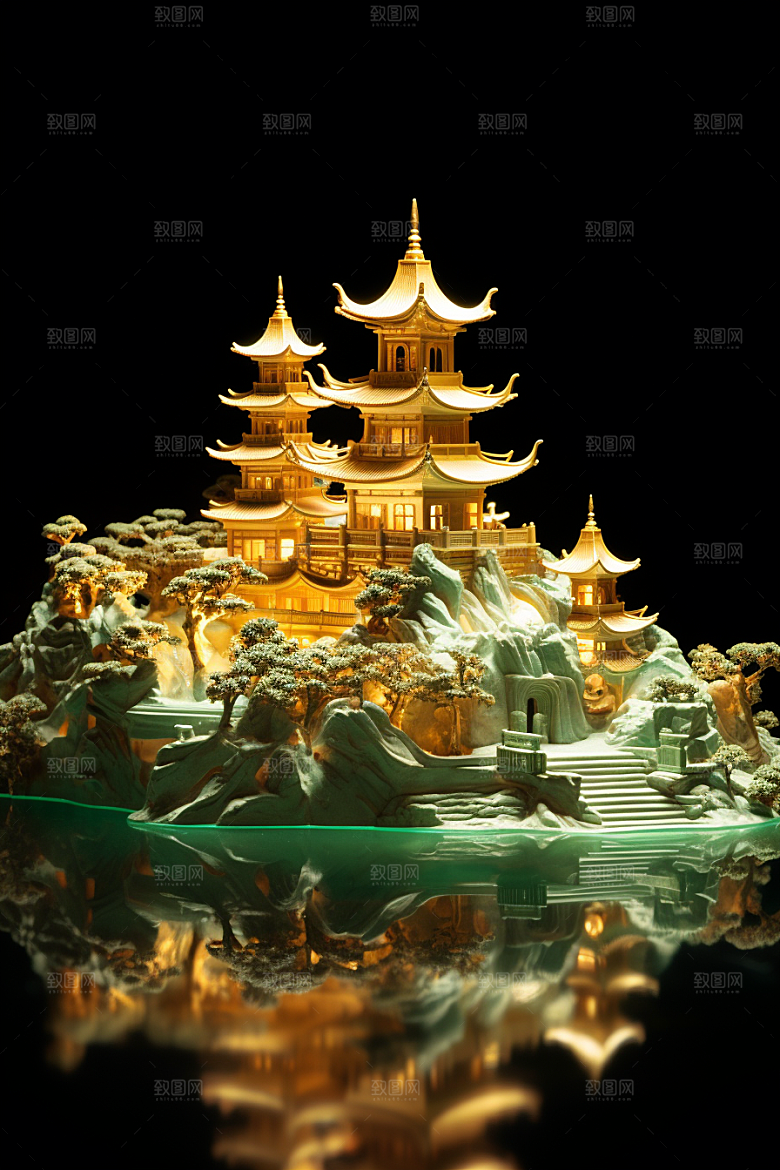 国潮光效建筑质感梦幻模型
