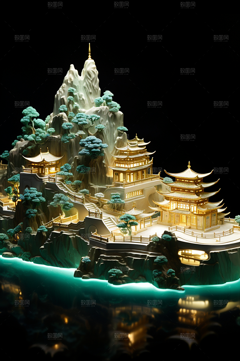 国潮光效建筑梦幻超现实模型