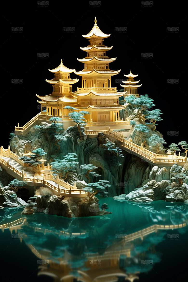国潮光效建筑山水立体模型