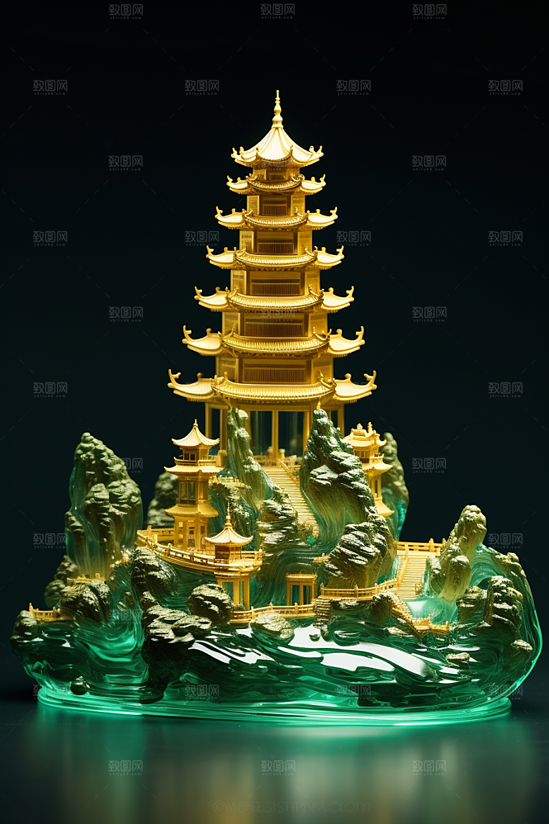 国潮光效建筑幻想风传统模型