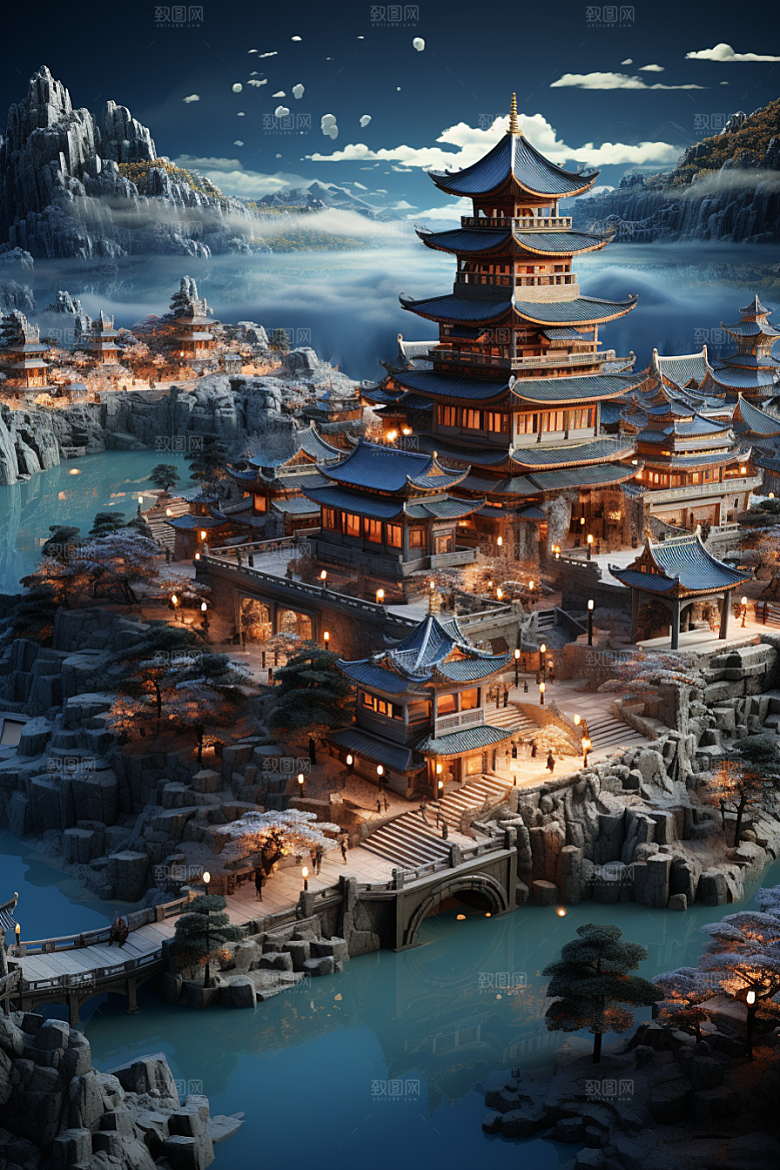 国潮光效建筑传统高清模型