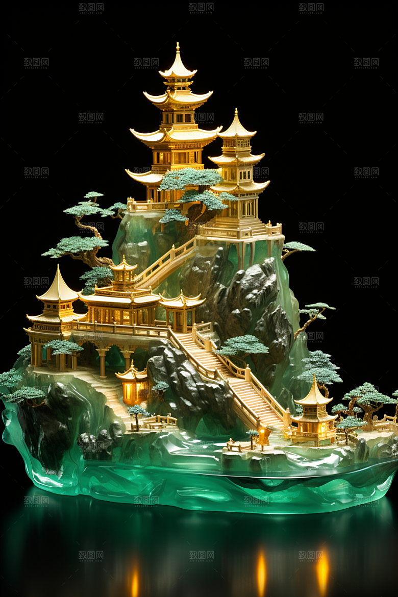 国潮光效建筑梦幻山水模型