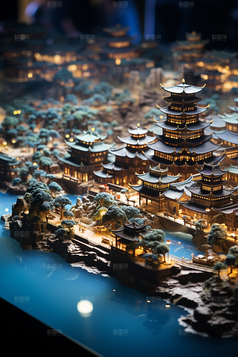 国潮光效建筑微距高清模型