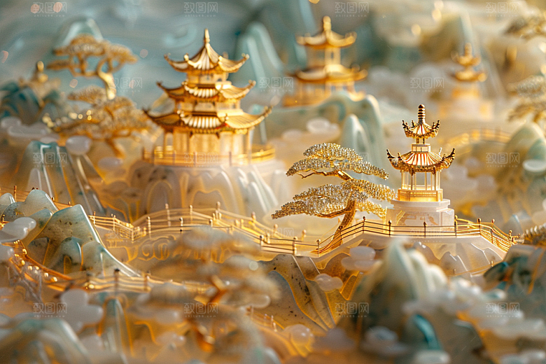 国潮光效建筑梦幻山水模型