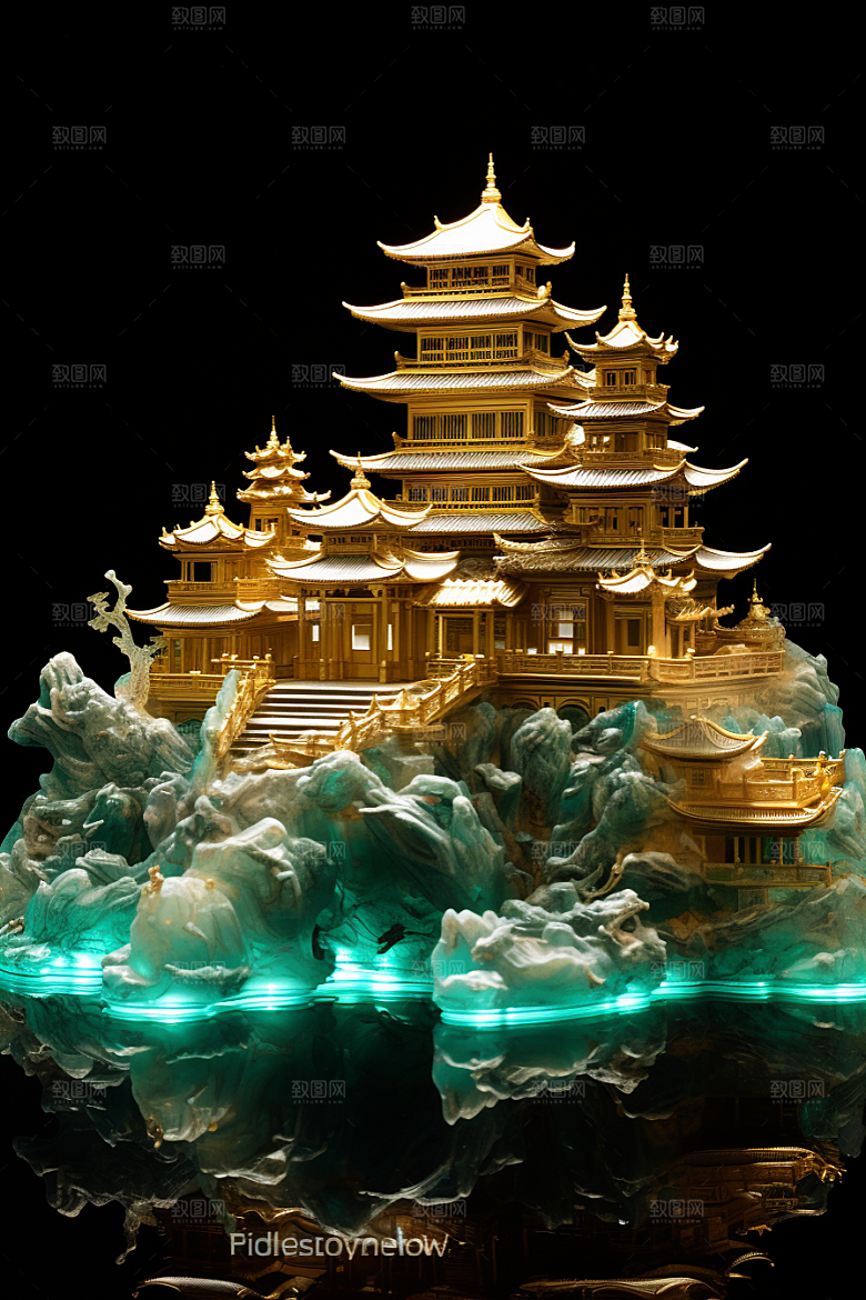 国潮光效建筑质感潮流模型
