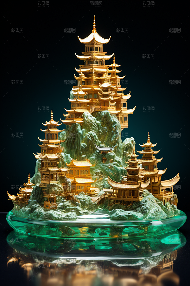 国潮光效建筑梦幻超现实模型