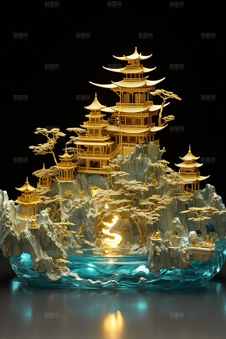 国潮光效建筑梦幻赛博朋克模型