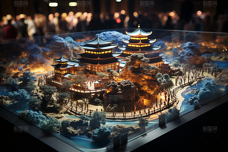 国潮光效建筑中国风微距模型