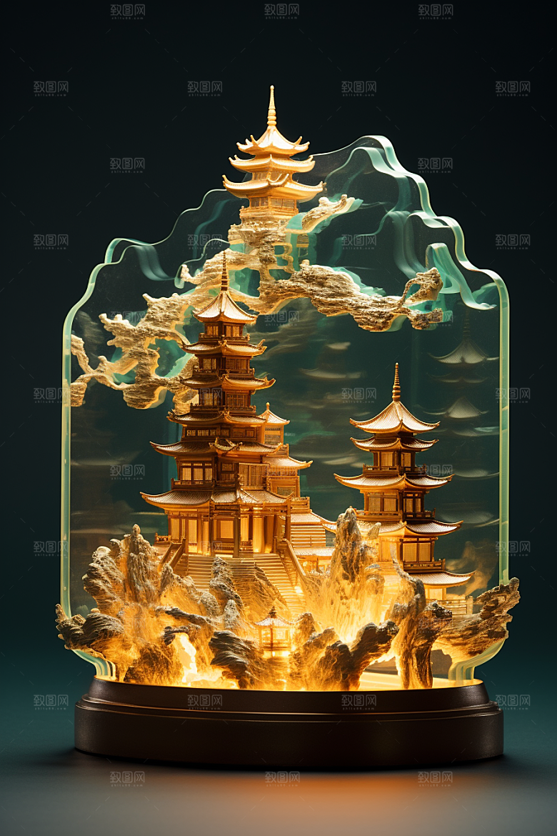 国潮光效建筑立体质感模型